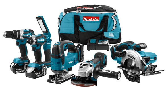 Makita DLX6082T 18V 6-Delige Combiset Klop/ Boren Slag/ Schroeven Zagen en Slijpen