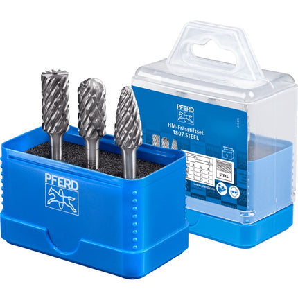 Afbeelding PFERD TOOLS set hardmetalen stiftfrezen voor hoogrendement, vertanding steel SET 1807 STEEL 3TLG