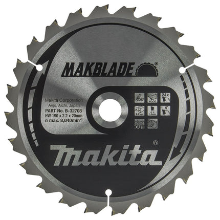 Makita HM Zaagblad 190X20X2.2 24T Zaagblad Hout 190X20X2,2 5G – B-32708