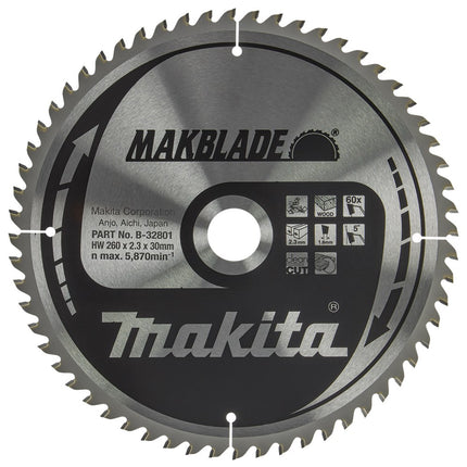 Makita HM Zaagblad 260X30X2.3 60T - Hout 260X30X2,3 5G – B-32801