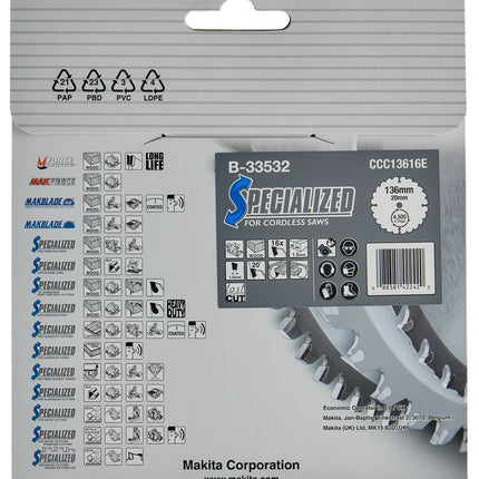 Makita Cirkelzaagblad Hout 136X20X1,5 16T 20G Zaagblad – B-33532