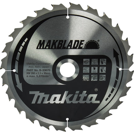 Makita HM Zaagblad 260X2,3X30 20G T24 Hout 260X30X2,3 24T – B-33679
