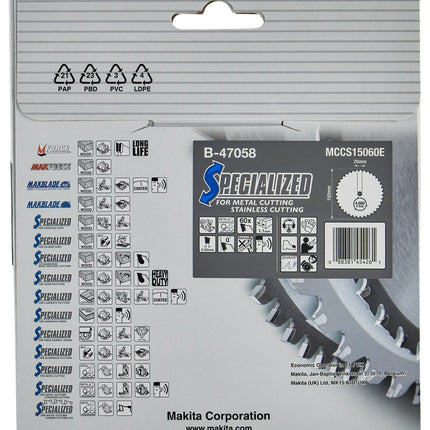Makita Cirkelzaagblad 150X20X1,1 60T 0G Rvs/staal - Specialized Zaagblad Rvs 0GR – B-47058