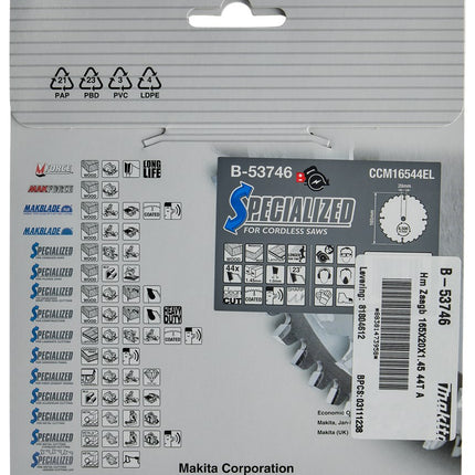 Makita HM Zaagblad 3165X20X1,45 44T - Laminaat 165X20X1.45 23G – B-53746