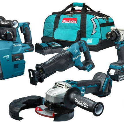 Makita DLX5069TX1 18V 5-Delige Combiset voor Allround tot Zwaar Boor- Schroef- Zaag- en Slijpwerk