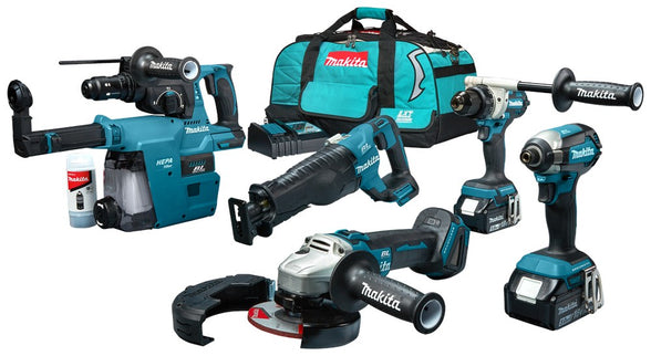 Makita DLX5069TX1 18V 5-Delige Combiset voor Allround tot Zwaar Boor- Schroef- Zaag- en Slijpwerk