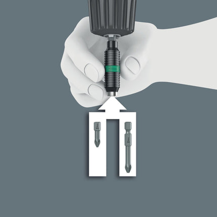 <b>Chuck-all</b><br/>De Rapidaptor Snelwisselhouder is geschikt voor 1/4\"-bits  conform DIN ISO 1173-C 6,3 en E 6,3 en Wera verbindings-rij 1 en 4.