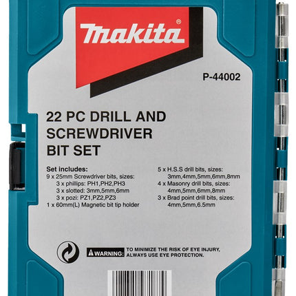 Makita BOOR-/schroefbitset 22-Delig Boren/schroefbit Set – P-44002
