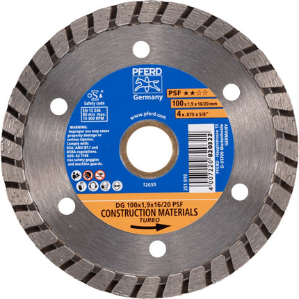 Afbeelding PFERD TOOLS diamant-doorslijpschijven voor de bouwindustrie, uitvoering met gesloten rand (turbo) psf DG 100x1,9x16/20 START
