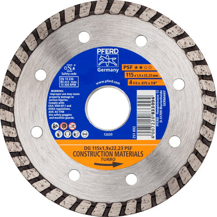 Afbeelding PFERD TOOLS diamant-doorslijpschijven voor de bouwindustrie, uitvoering met gesloten rand (turbo) psf DG 115x1,9x22,23 START