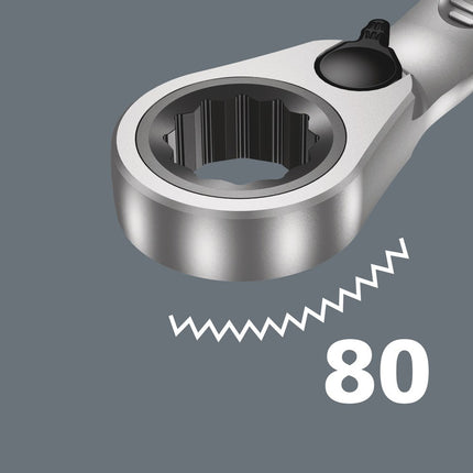 <b>Fijne vertanding</b><br/>Het ratelmechanisme aan de ringzijde beschikt over een zeer fijne vertanding met 80 tanden en zorgt voor flexibiliteit, ook als er weinig ruimte is.