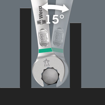 <b>Voor werken op lastige schroeflocaties</b><br/>De ringsteeksleutel Joker 6003 met zijn bijzondere bekgeometrie – 7,5° gebogen aan bekzijde en een dubbelzeskantgeometrie – beschikt over dubbel zoveel aanzetmogelijkheden bij meermaals verdraaien over 180° van de sleutel om de lengteas. Moeren resp.