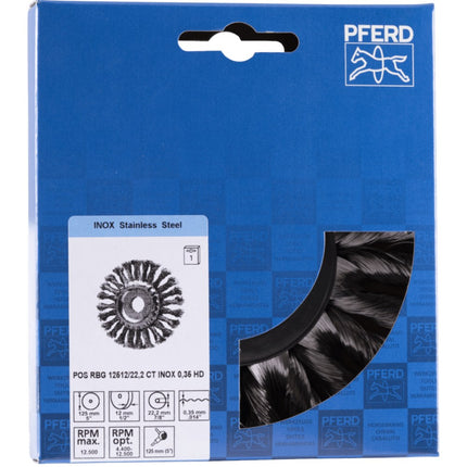 Afbeelding PFERD TOOLS ronde borstels getordeerd, combitwist hd, met asgat POS RBG 12512/22,2 CT INOX 0,35 HD