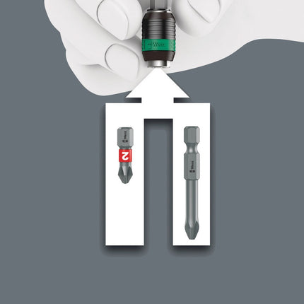 De Rapidaptor Snelwisselhouder is geschikt voor 1/4\"-bits  conform DIN ISO 1173-C 6,3 en E 6,3 en Wera verbindings-rij 1 en 4.