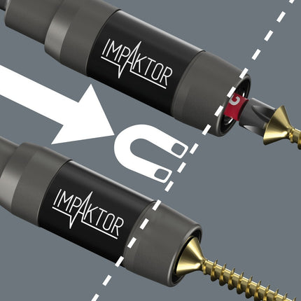 <b>Impaktor houder met ringmagneet</b><br/>De Impaktor houder met ringmagneet houdt extra lange en zware schroeven stevig vast. Hiermee wordt het razendsnel en veilig aanzetten van de schroef mogelijk. Ideaal voor het werken boven het hoofd. Zou de magneet niet nodig zijn bijv. bij werken met metaal