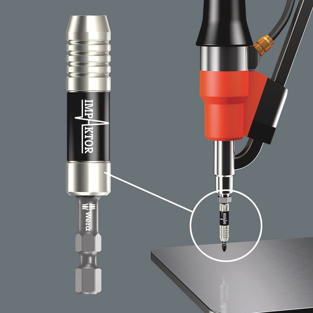 <b>Impaktor RVS-houder met spanring</b><br/>De Impaktor RVS-houder met spanring en magneet voldoet aan extreme dynamische eisen, doordat er bewust afgezien wordt van het gebruik van mechanisch gevoelige onderdelen. Het concentreert zich op de elementair noodzakelijke vasthoudfunctie van de bit en he